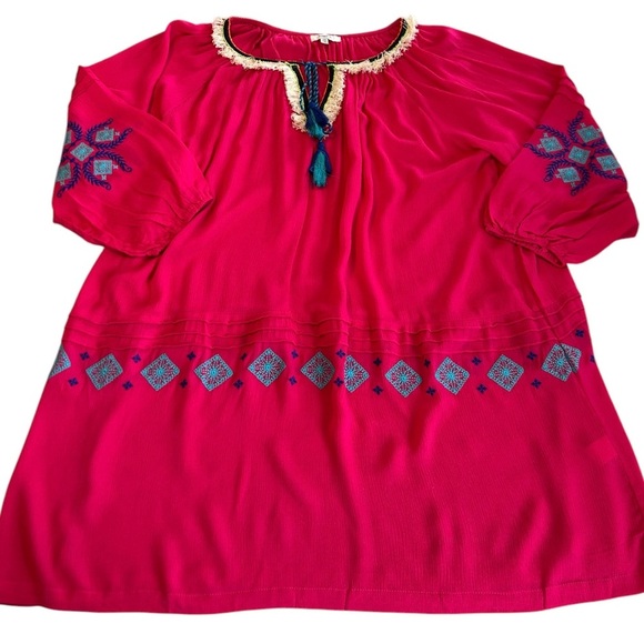 Hayden LA Women's Plus Mini Dress Tunic 1XL Fuchsia Embroidery Tassel Tie Fringe - Picture 2 of 12
